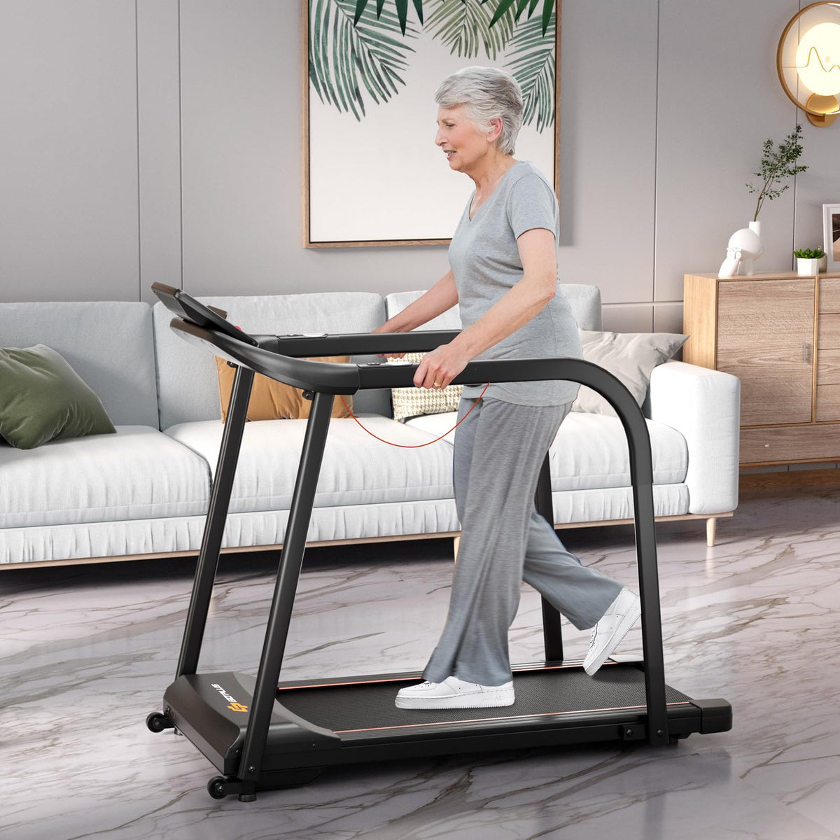 Goplus Walking Treadmill for Senior with Long Handrail, 300 lbs Capacity, Recovery Fitness Exercise Machine for Home with Pulse Sensors