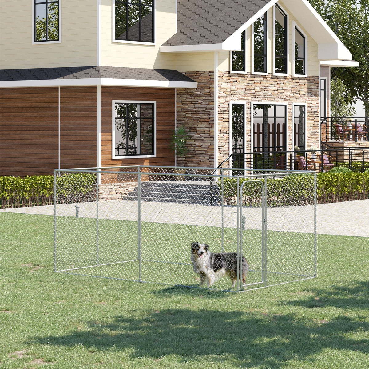 Outdoor Dog Kennel Galvanized Chain Link Fence Heavy Duty Pet Run House Chicken Coop with Secure Lock Mesh Sidewalls for Backyard, Silver