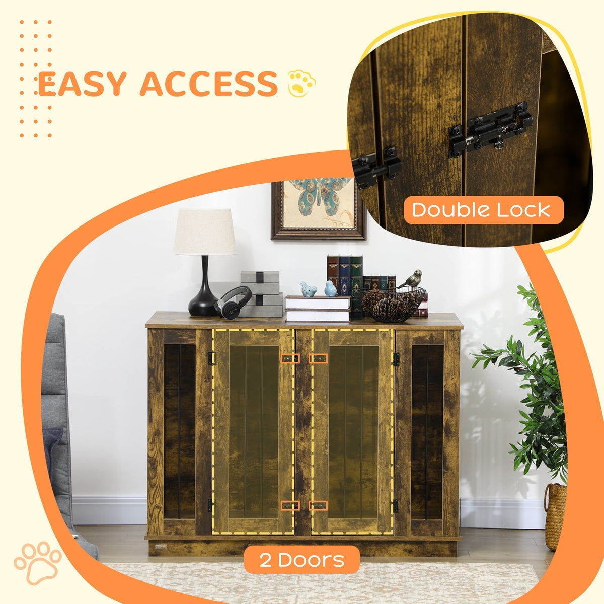 Large Furniture Style Dog Crate with Removable Panel, End Table with Two Rooms Design and Two Front Doors, Rustic Brown, 47" x 23.5" x 35"