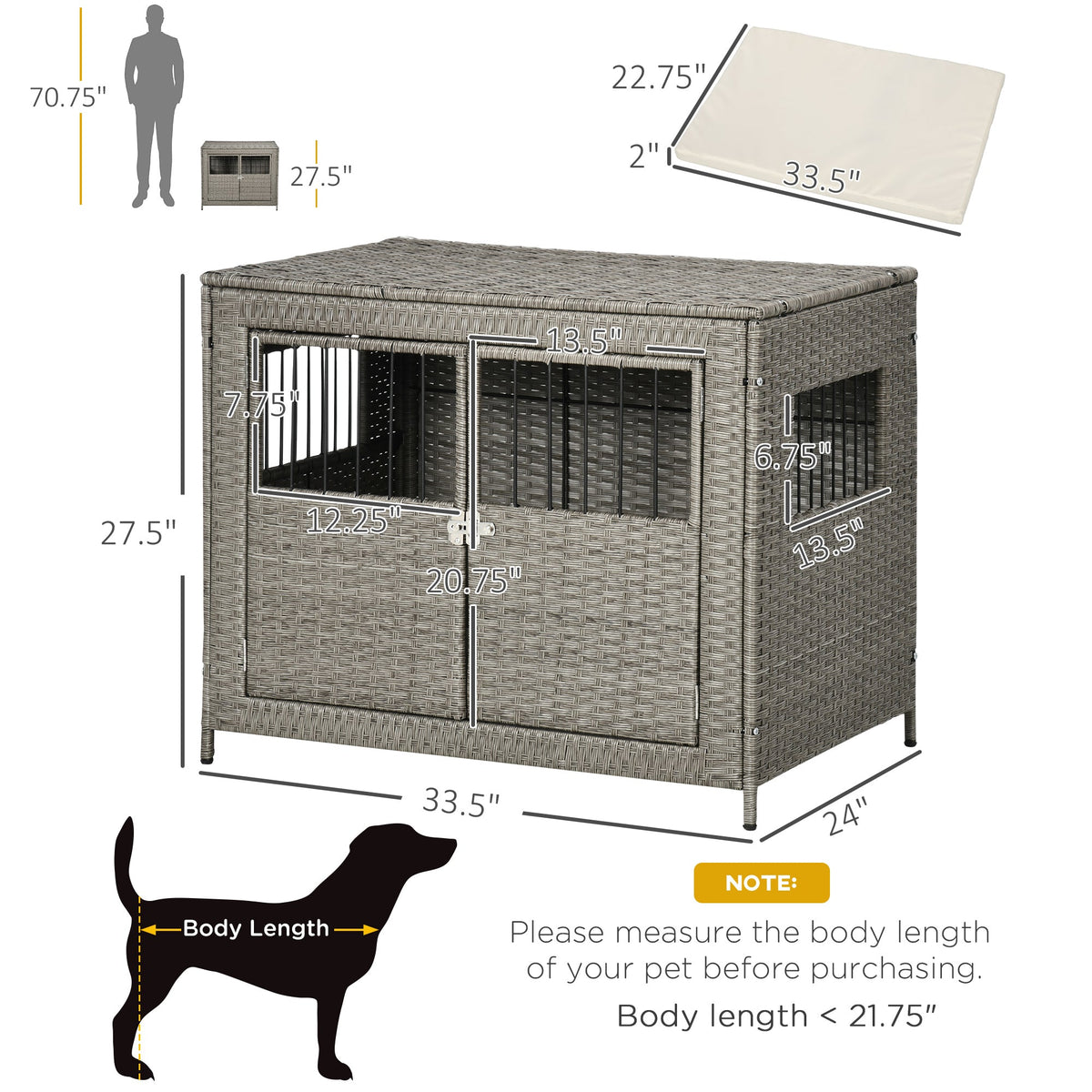 Rattan Dog Crate with Double Doors, Wicker Dog Cage with Soft Washable Cushion, Dog Kennel Furniture for Medium to Large Sized Dogs, Grey