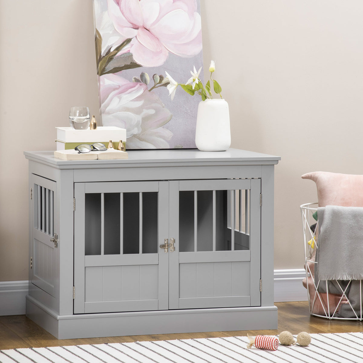 Cat Litter Box Enclosure with Magnetic Doors, Cat Washroom Nightstand with Large Top, Hidden Litter Box Side Table with Latches, Dark Grey