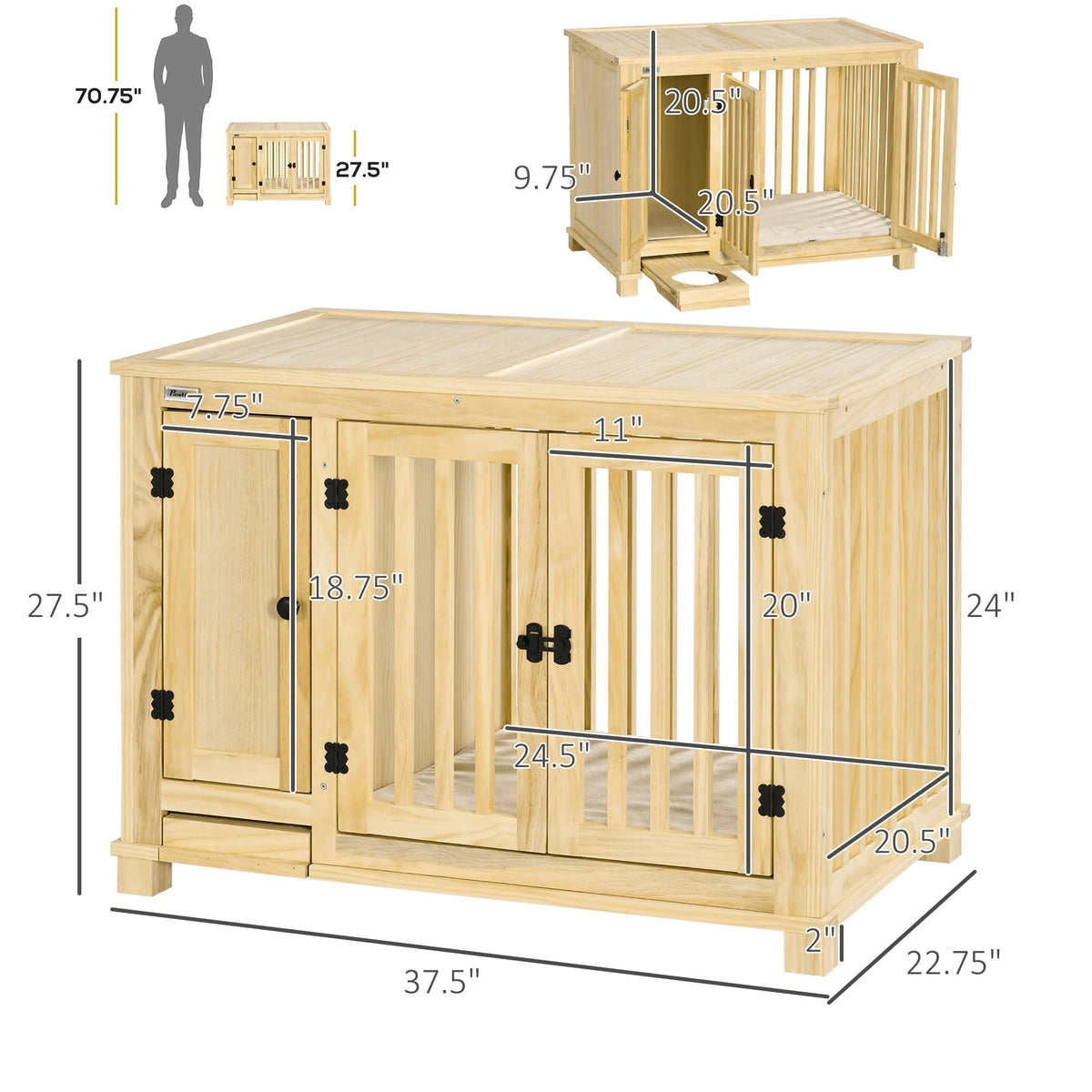 Wooden Dog Crate, Indoor Dog Kennels with Cushion Drawer Bowl Storage for Small Dogs, 37.5" x 23" x 27.5", Natural