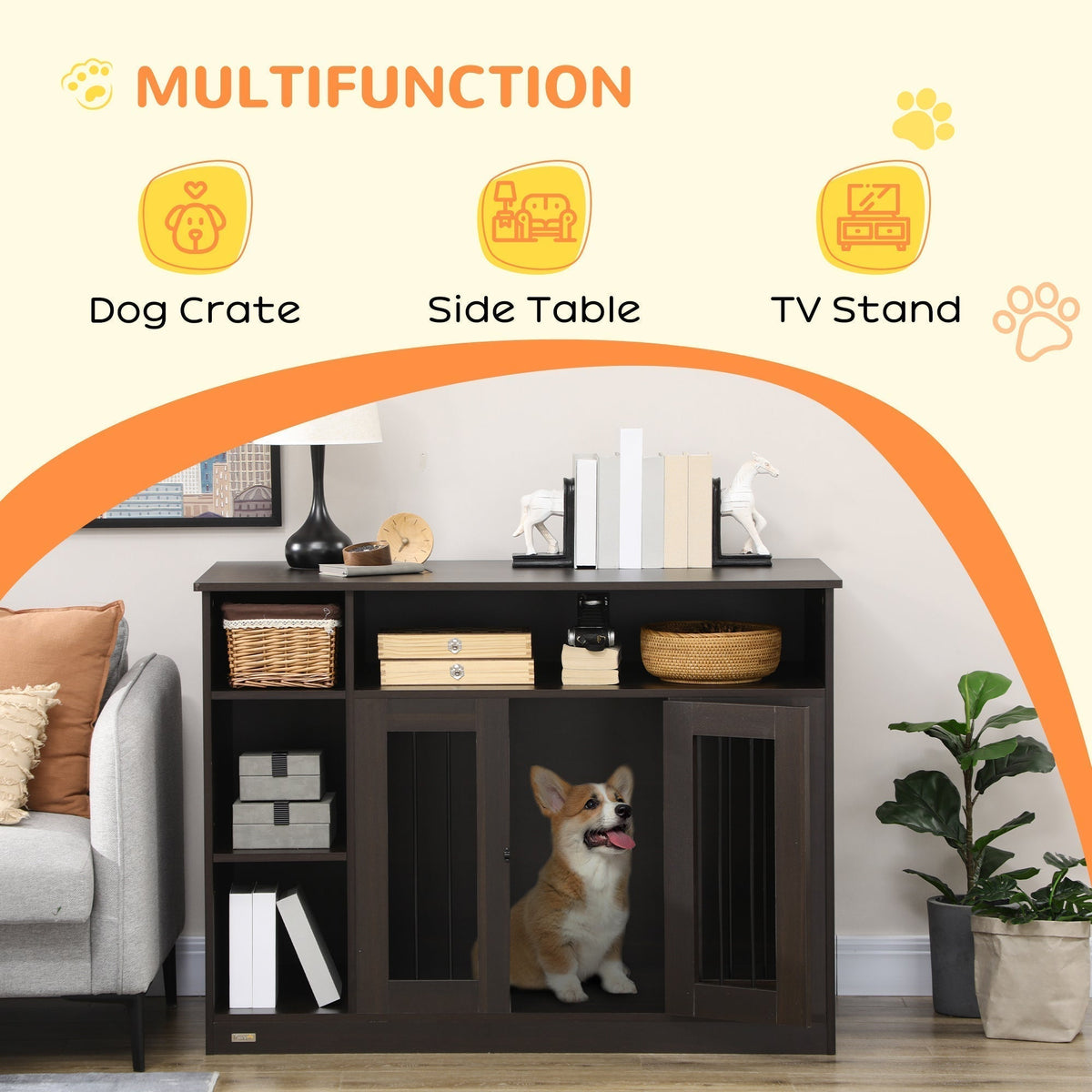 Dog Crate Furniture with Storage Space, Dog Kennel with Lockable Door, Pet Cage for Large Medium Dogs, 47" x 23.5" x 35", Brown