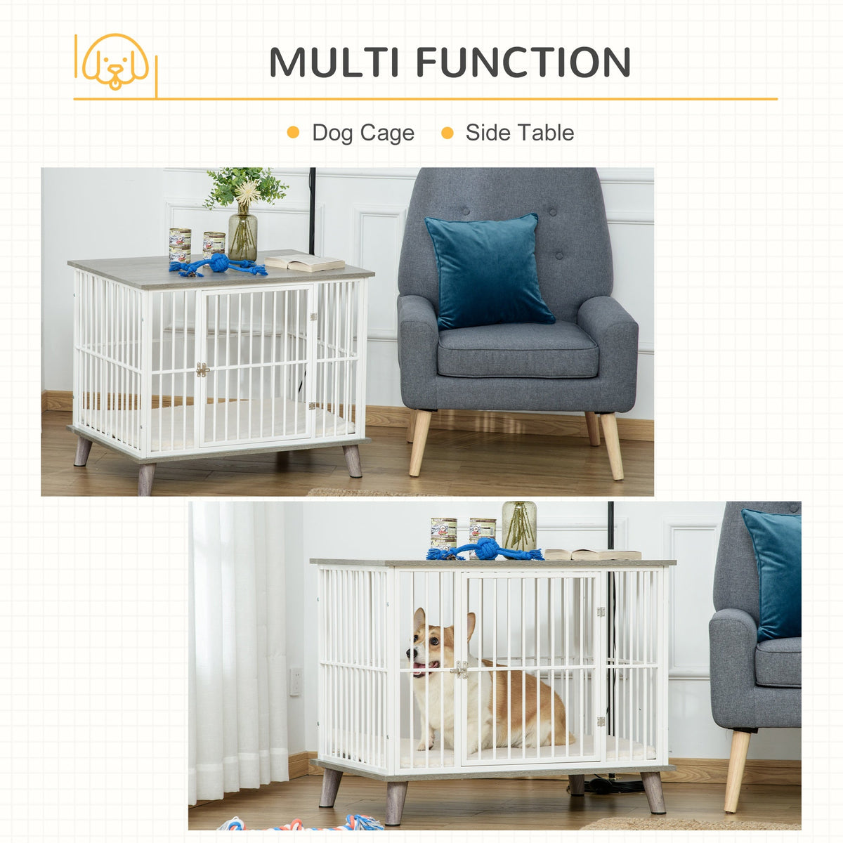 Dog Crate, Furniture Style Pet Cage Kennel, Decorative Dog House, with Soft Cushion, Wooden Top, for Small & Medium Dogs, Indoor Use, Grey