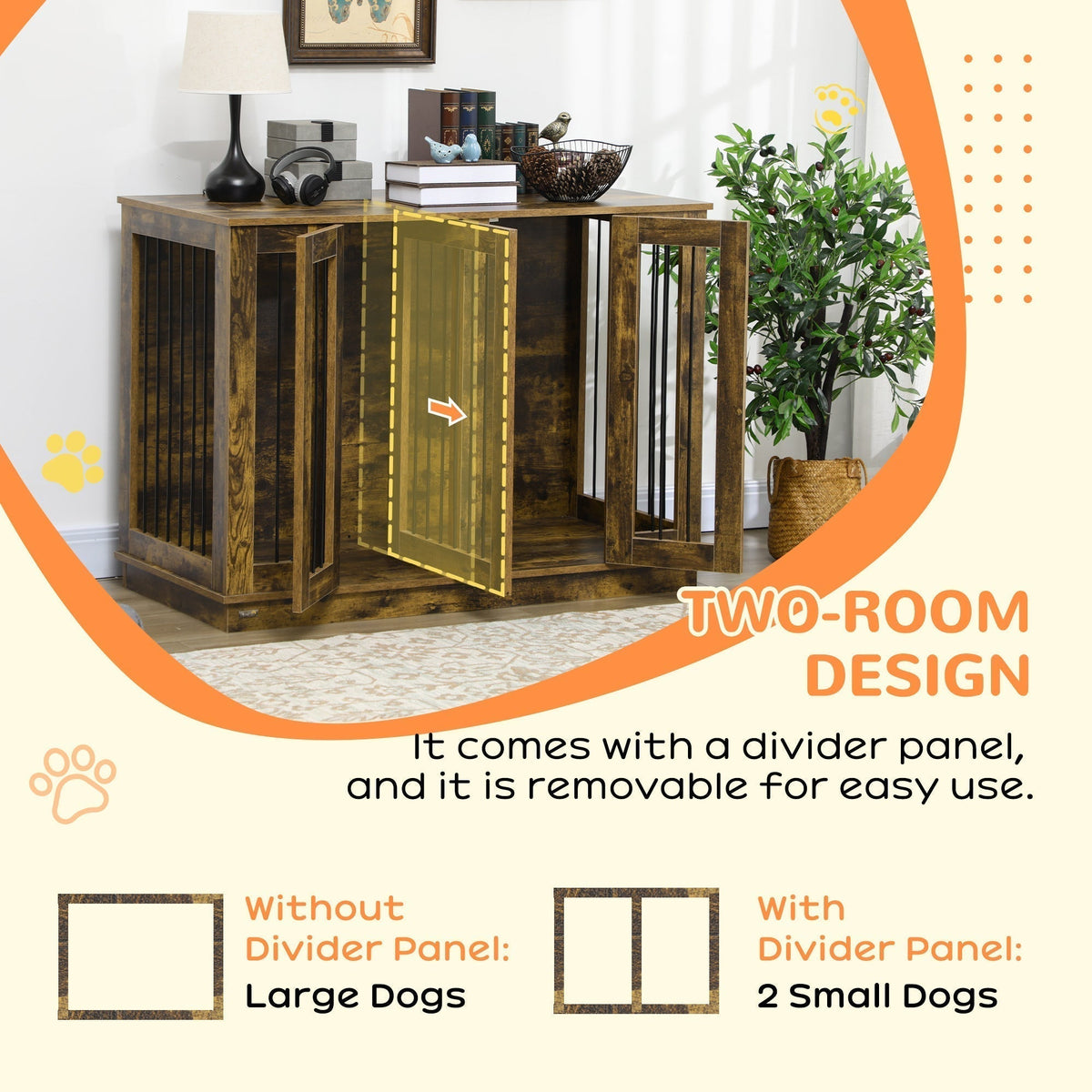 Large Furniture Style Dog Crate with Removable Panel, End Table with Two Rooms Design and Two Front Doors, Rustic Brown, 47" x 23.5" x 35"