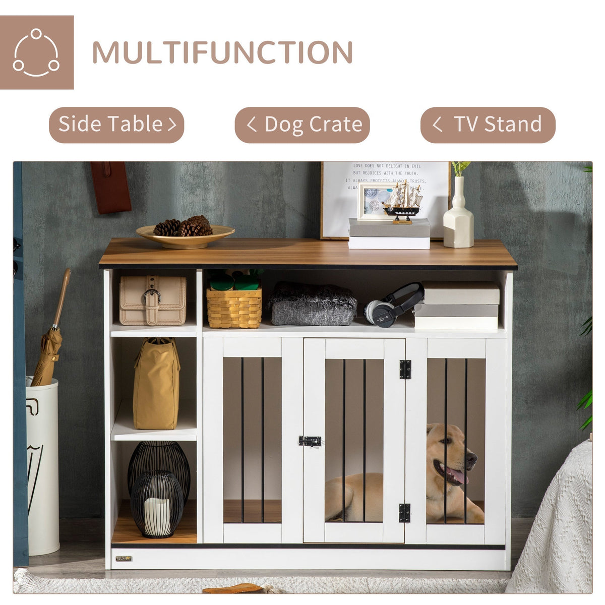 Small and Medium Dog Crate End Table with Extra Storage Space, Dog Crate Furniture with Large Tabletop, Pet Crate with Lockable Door, White