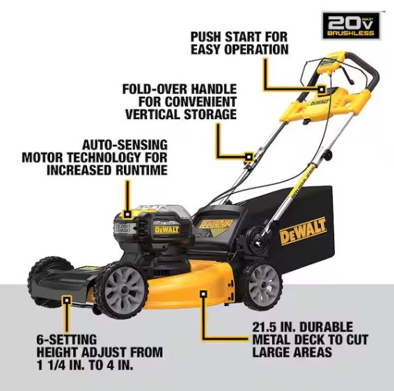 Dewalt 20V MAX 21.5 in Walk Behind Lawn Mower Kit, Hedge Trimmer Kit, String Trimmer &amp; Leaf Blower