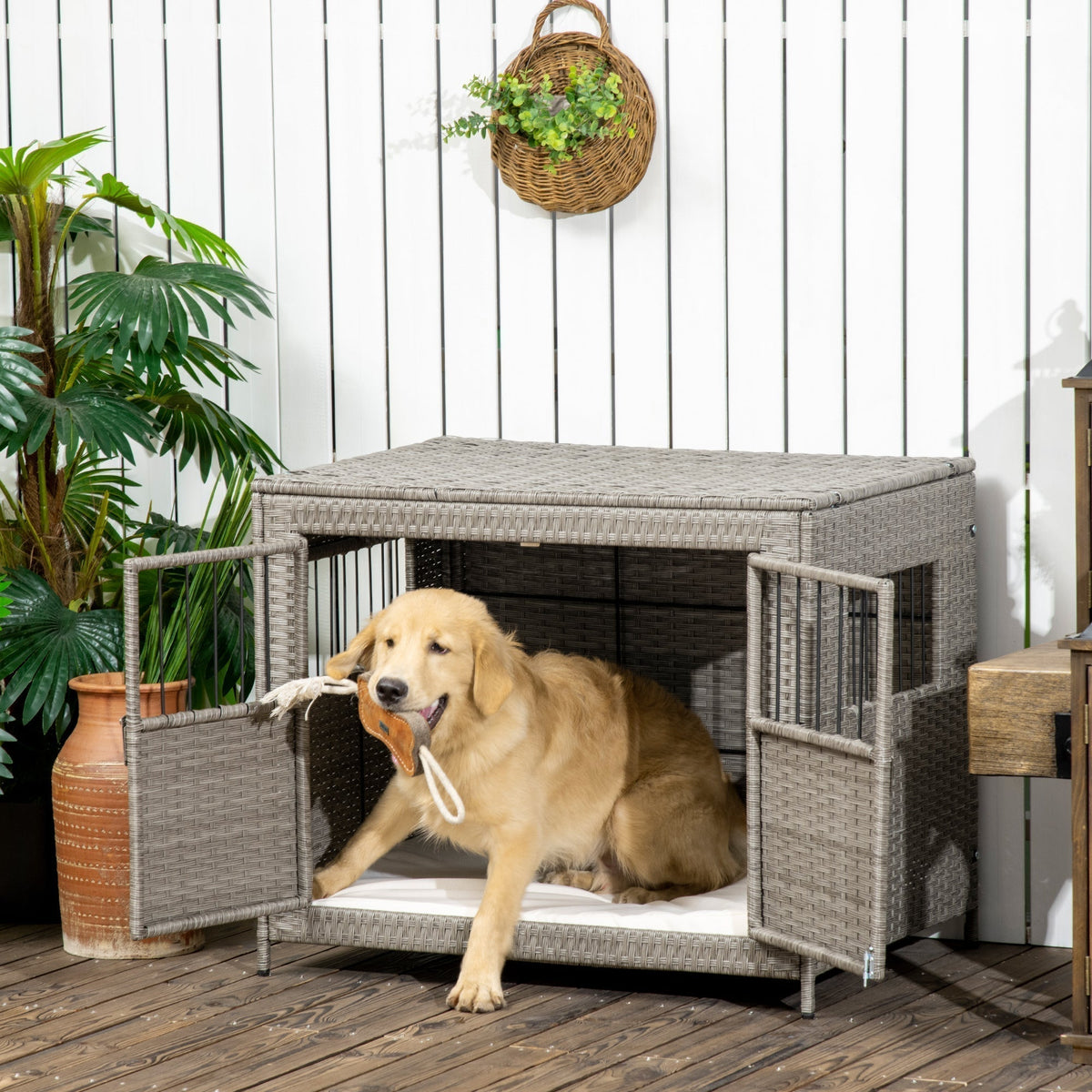 Rattan Dog Crate with Double Doors, Wicker Dog Cage with Soft Washable Cushion, Dog Kennel Furniture for Medium to Large Sized Dogs, Grey