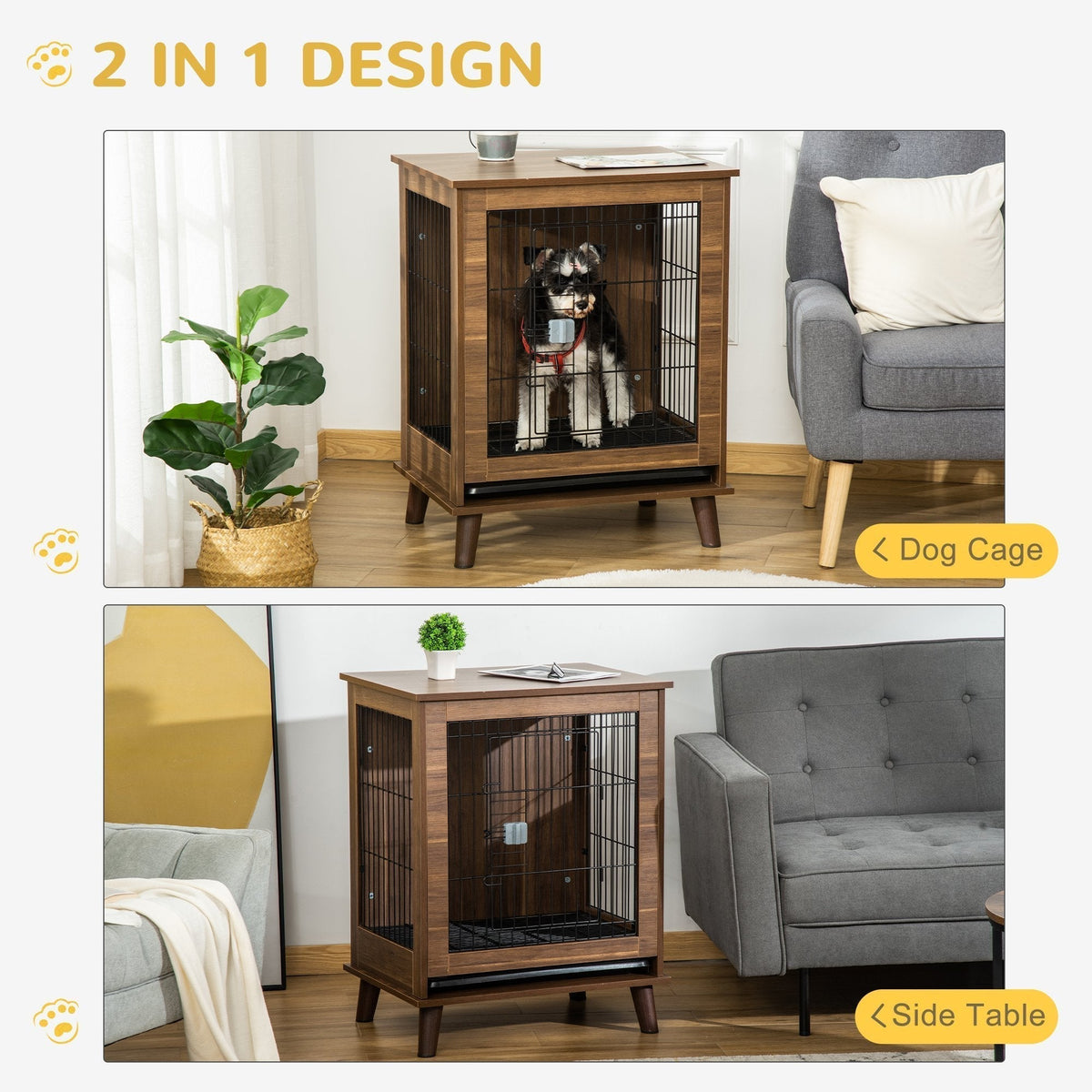 Stylish Dog Kennel, Wooden & Wire End Table Furniture with Cushion & Lockable Magnetic Doors, Small Size Pet Crate Indoor Animal Cage, Brown