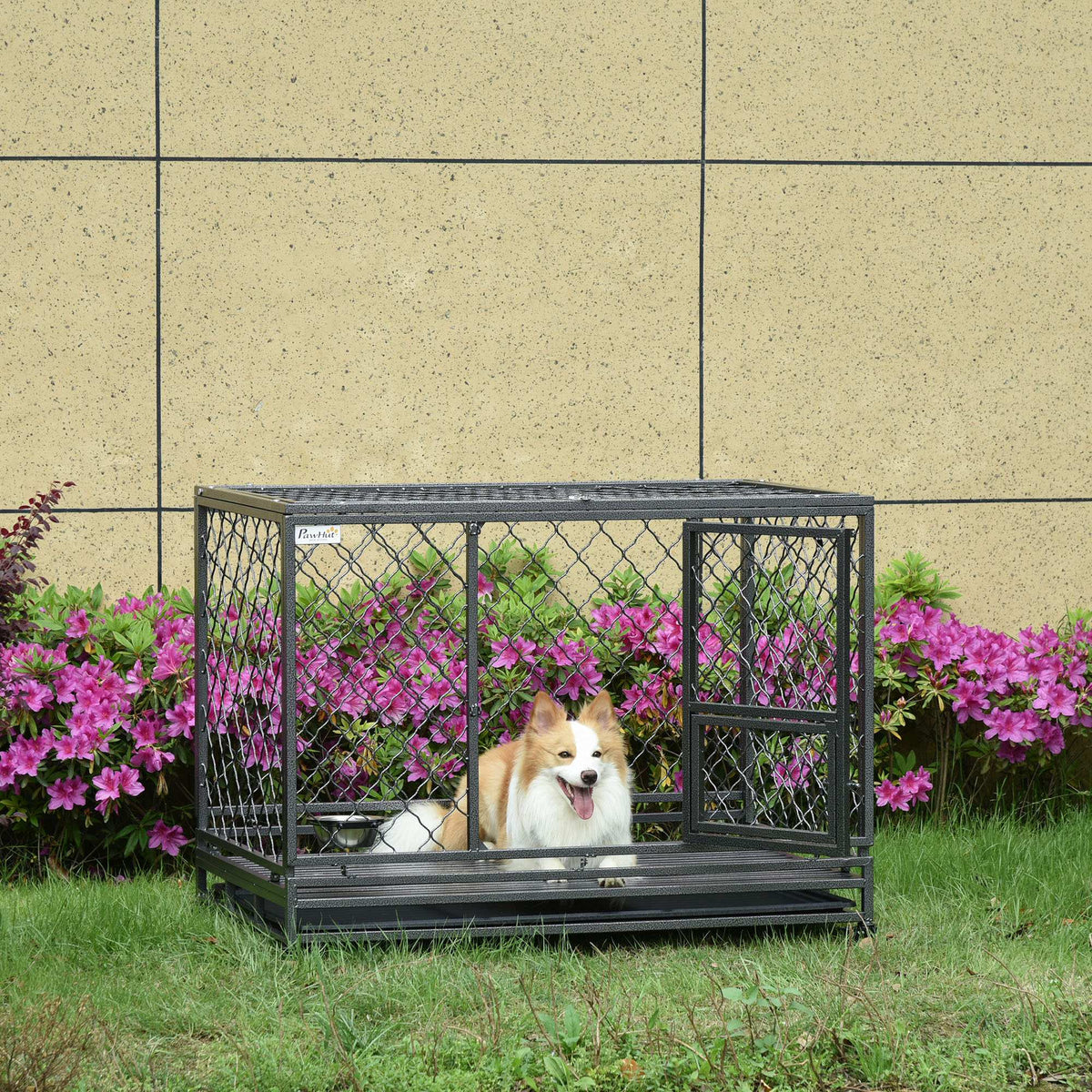 Heavy Duty Dog Cage Metal Kennel and Crate Dog Playpen with Lockable Wheels, Slide-out Tray, Food Bowl and Double Doors