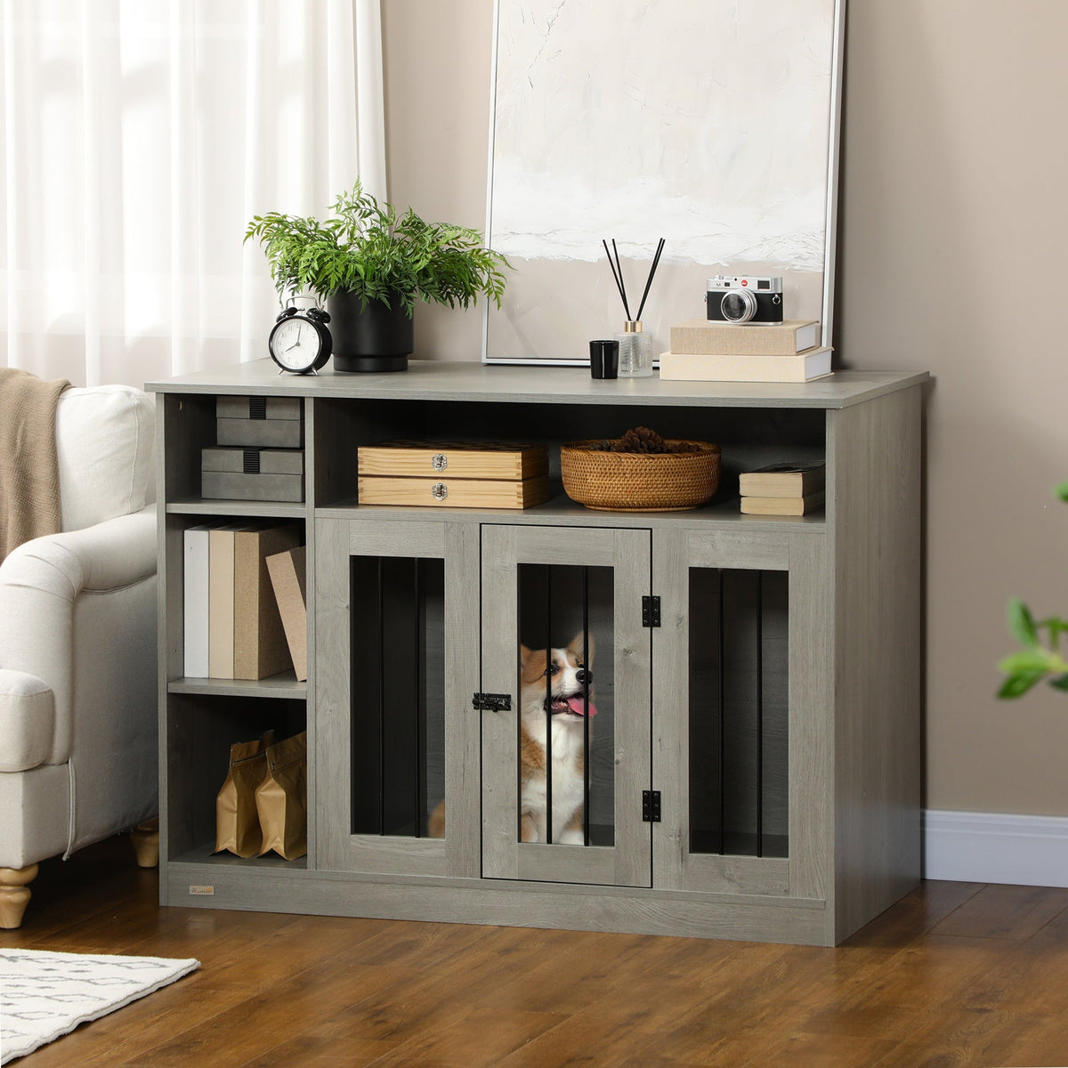 Dog Crate Furniture with Storage Space, Dog Kennel with Lockable Door, Pet Cage for Large Medium Dogs, 47" x 23.5" x 35", Gray