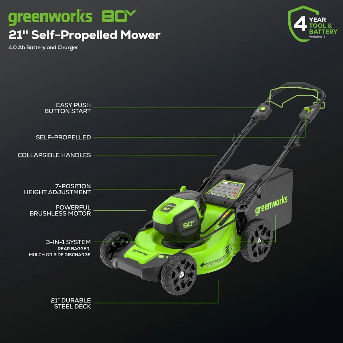 Greenworks 80V 21″ Cordless Self-Propelled Lawn Mowers.