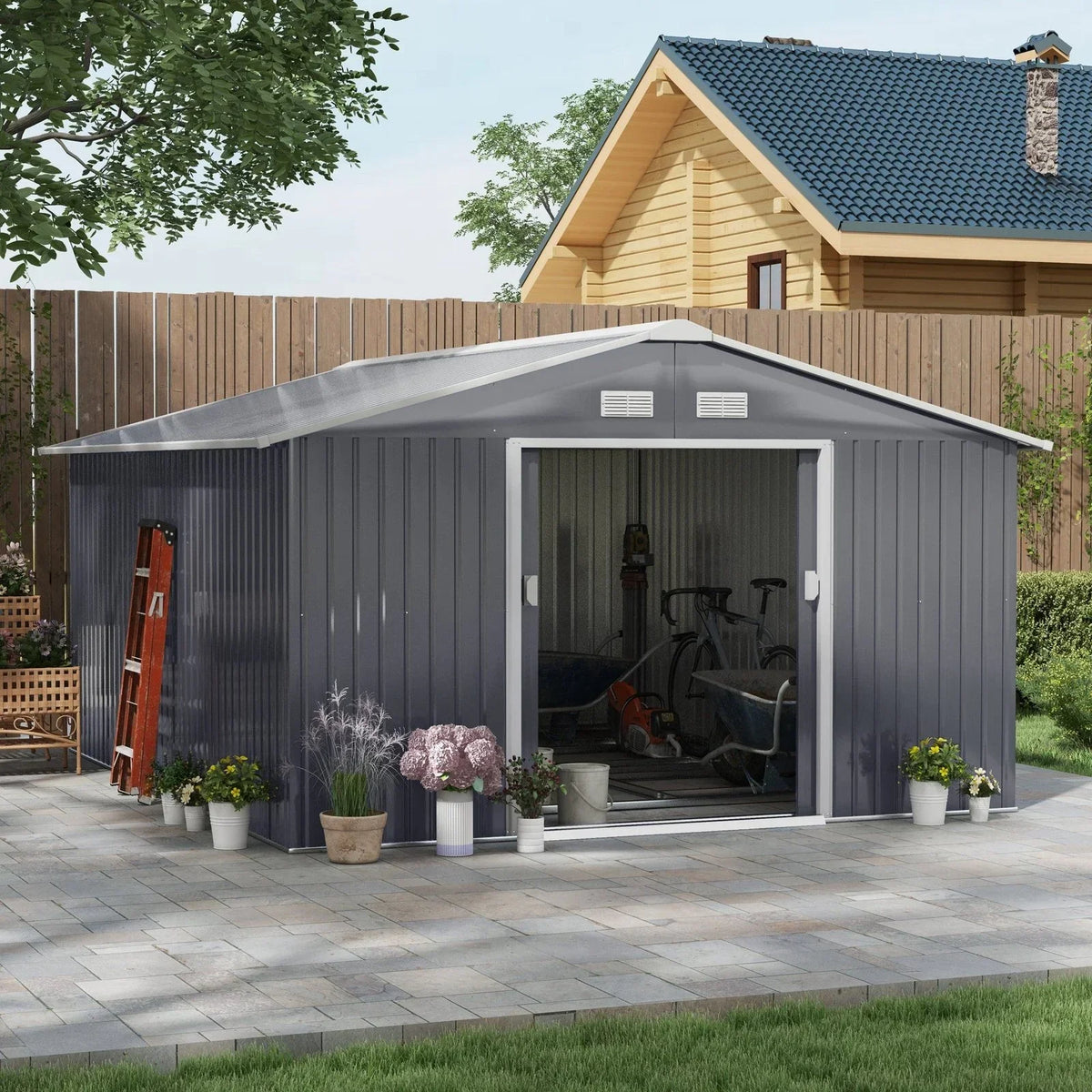 Outsunny Outdoor Storage Shed Dark Gray 11’×13′ Galvanized Steel