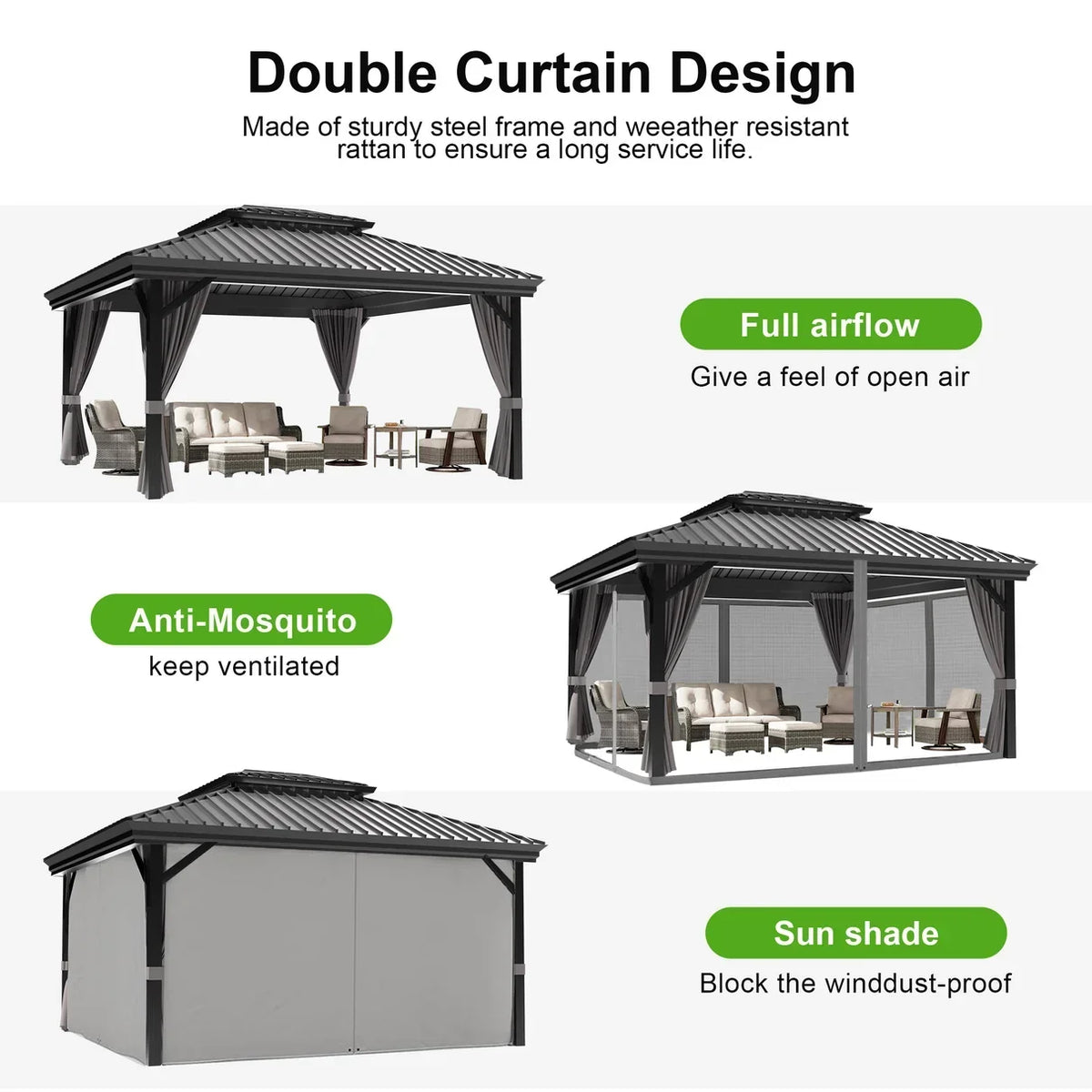Patioslife Hardtop Pergola Gazebo Grey 10 ft×12 ft Aluminum Frame Galvanized Steel Roof