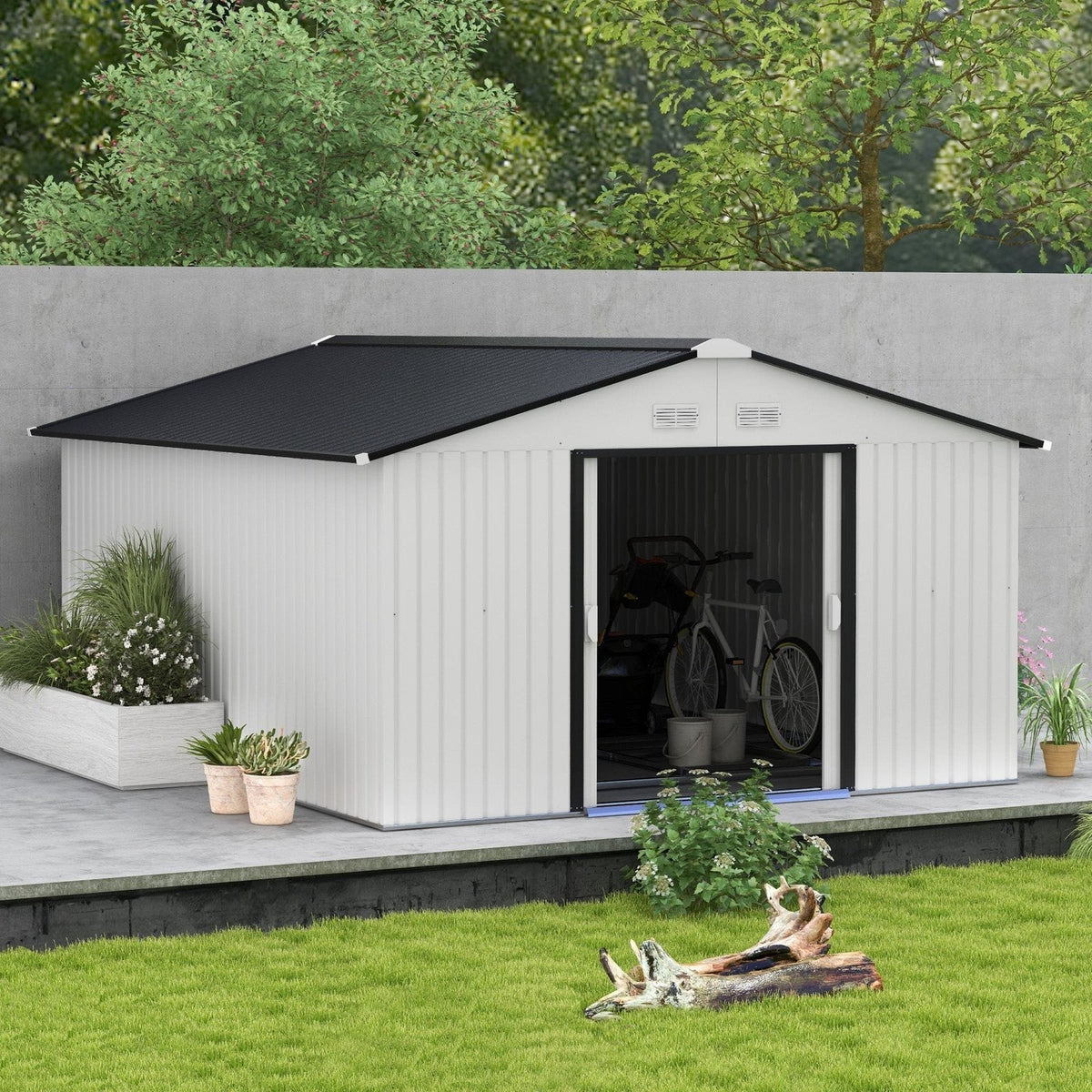 Outsunny Outdoor Storage Shed White 11′ x 13′ Galvanized Steel